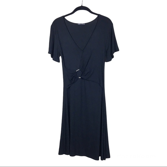 Cable & Gauge Black Ring Ruched Waist Faux Wrap Short Sleeve Dress 
Size XS - Picture 2 of 5